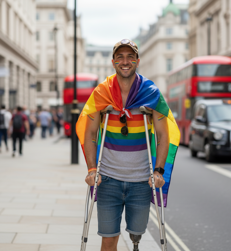 A smiling man on crutches with a leg prosthesis, wrapped in a rainbow flag, at Pride on a London street