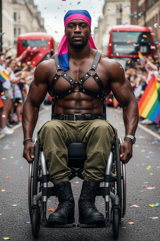 A man using a wheelchair and wearing a bisexual-flag headscarf, at Pride on a London street with rainbow flags