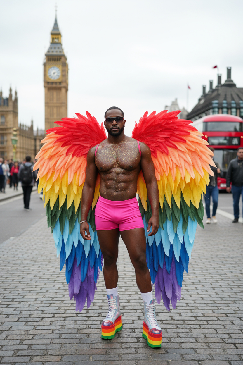 A performer with rainbow angel wings celebrating Pride in central London