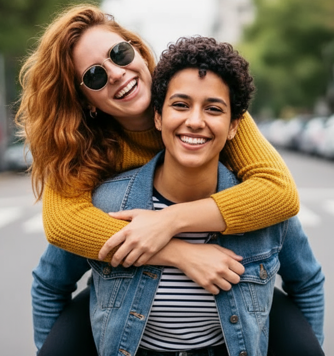 Two women embracing at a Pride celebration