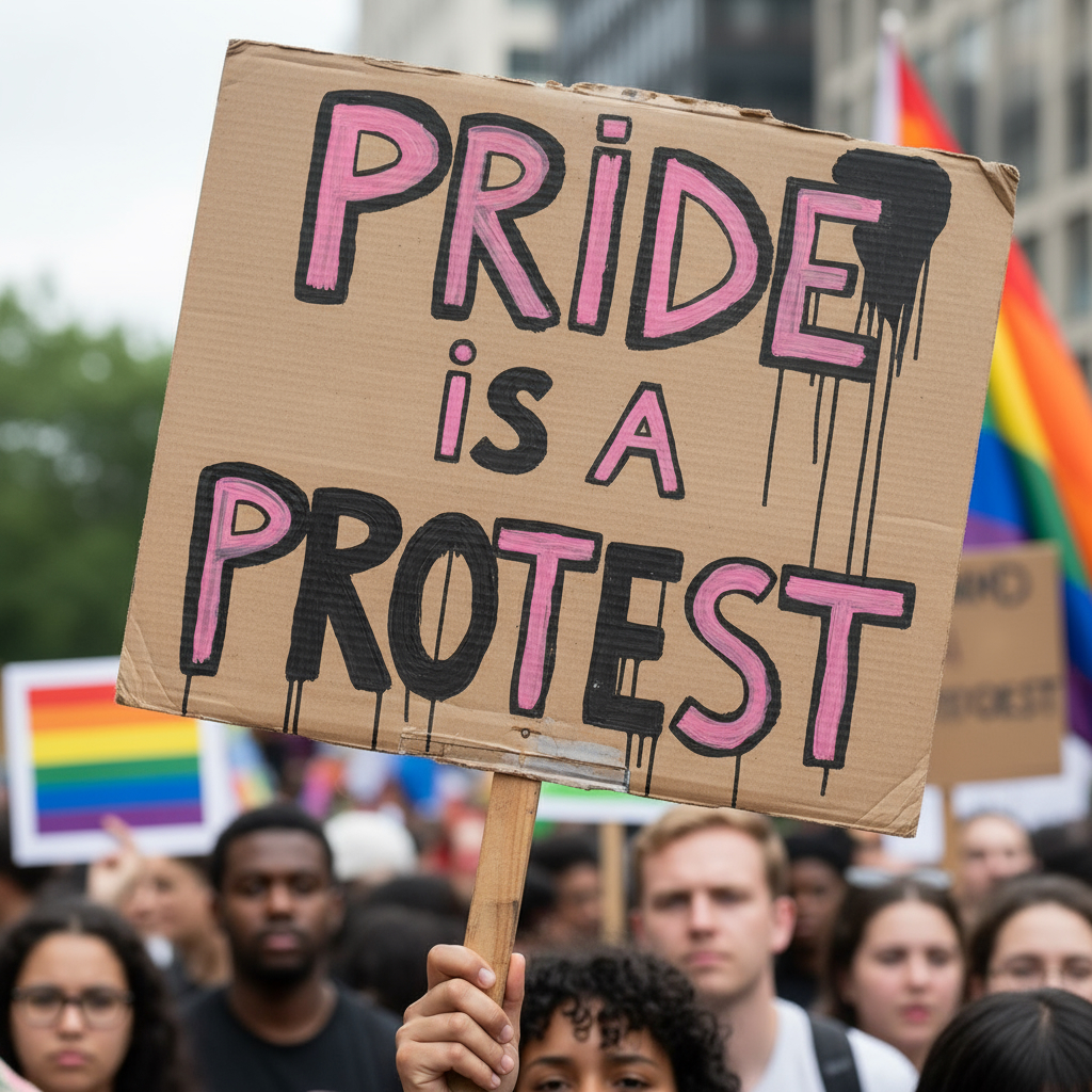 Marchers holding a Pride is a Protest message
