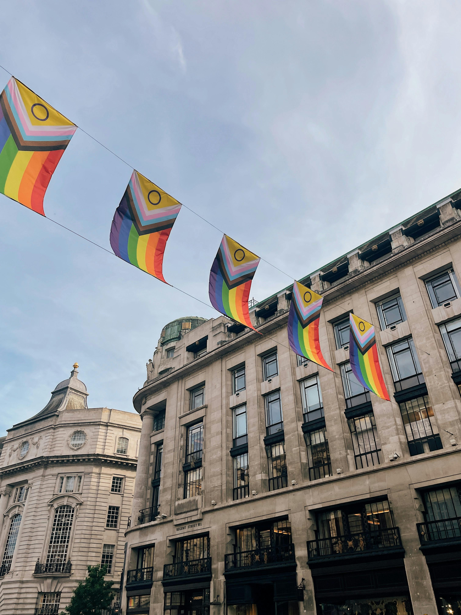 Progress Pride flags flying along Regent Street in central London