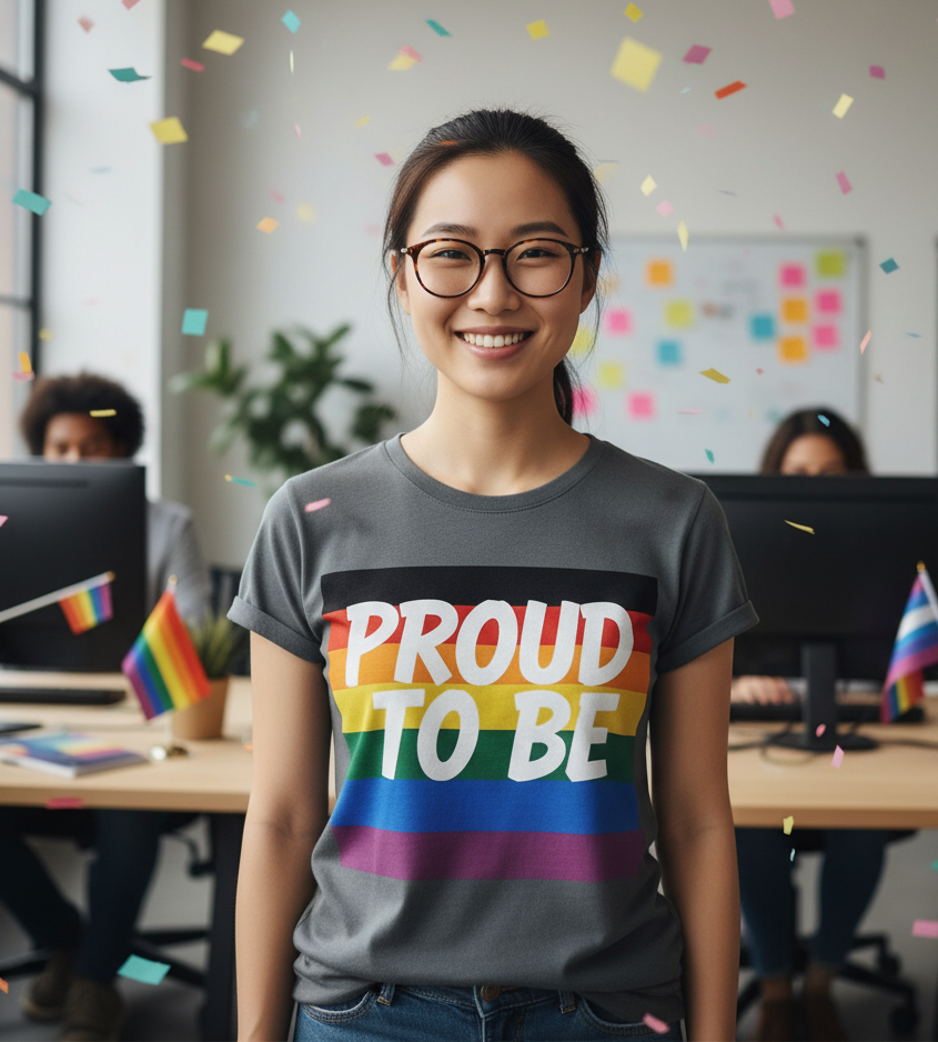 Someone wearing a Proud To Be Pride t-shirt