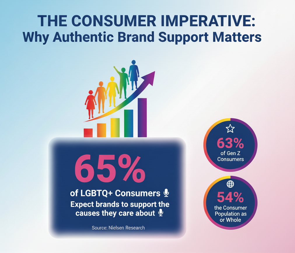 Nielsen research: 65% of LGBTQ+ consumers expect the brands they buy from to support the causes they care about — higher than Gen Z at 63% and the general population at 54%.
