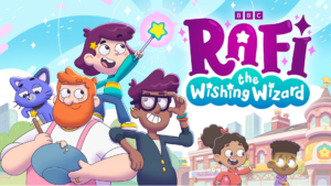 Image for 'Rafi the Wishing Wizard' featuring a young girl named Rafi holding a glowing star-shaped wand. She is surrounded by her two dads—one with red hair and a beard wearing a pink apron, and the other with dark hair and glasses. A purple cat and two of Rafi’s friends are also visible against a colourful, animated city background.
