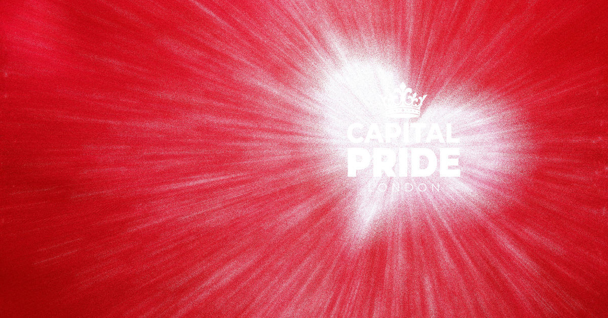 Capital Pride London logo on red Valentine's Day themed background with light rays