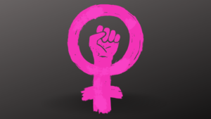 Pink female symbol with raised fist in the middle on dark grey background